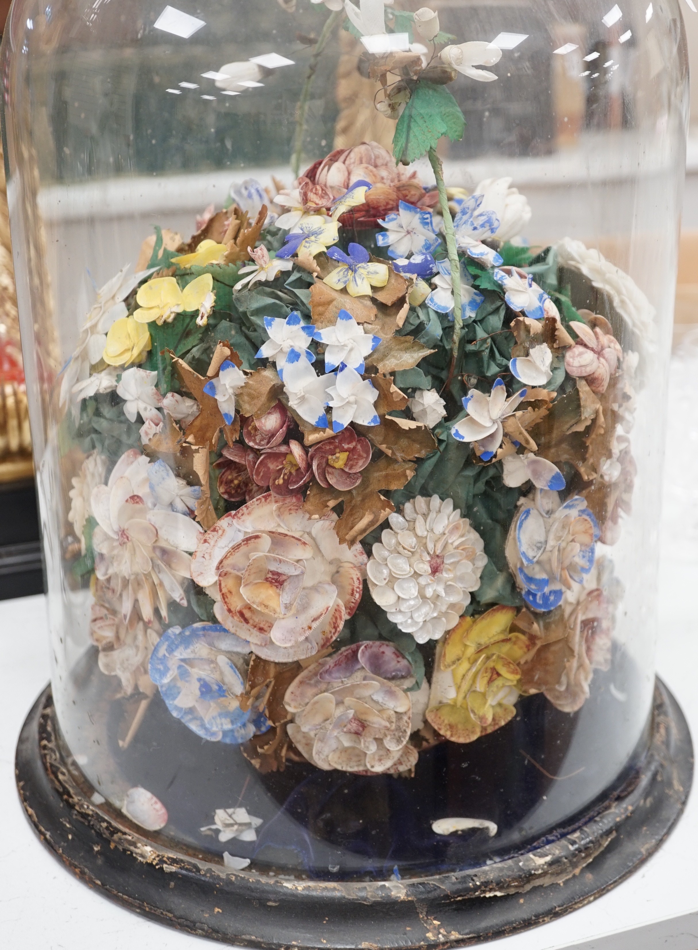 A French decorative shell and floral display under glass dome. 46cm high